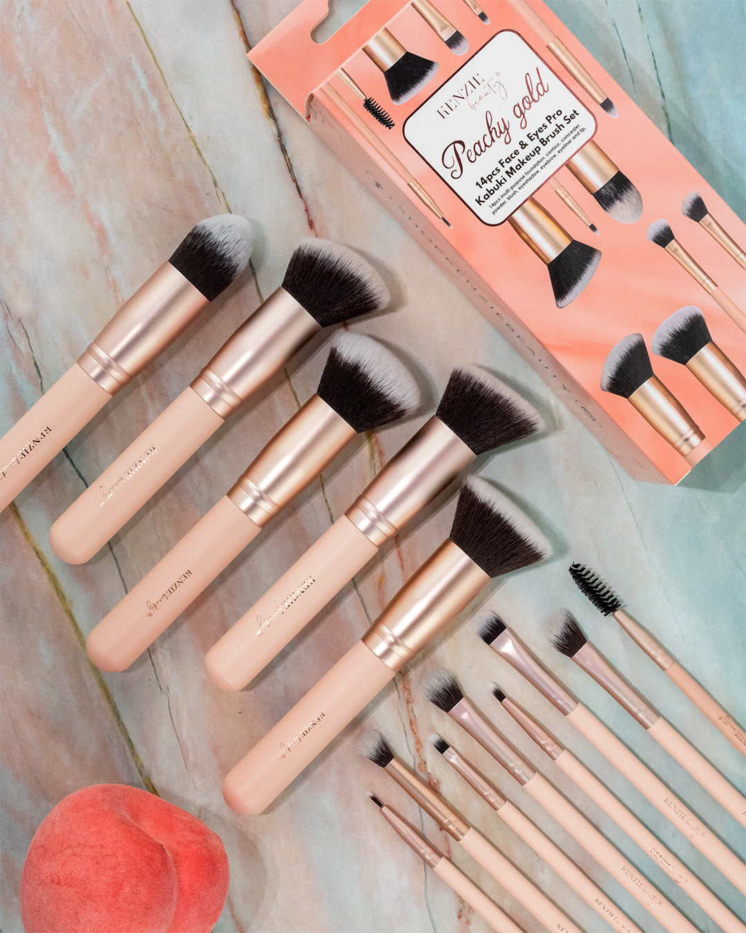 Kenzie Beauty 14pc Peachy Gold Kabuki Makeup Brush Set
